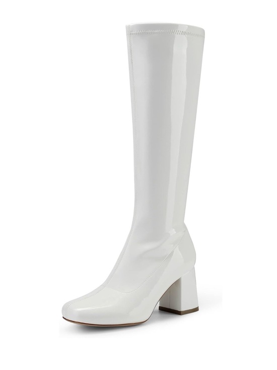 None Shoes - White Knee-High Patent Block Heel Boots Gogo boots